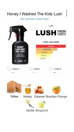 a bottle of liquid with the words lush on it and some other items in front of it