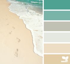 a beach with footprints in the sand and water on it's side, along with two color swatches