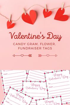 valentine's day candy cram flower fundraiser tags with hearts hanging from clothes pins