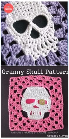 two crocheted skulls are shown with the words granny's skull pattern on them