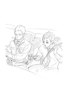 a drawing of two people sitting in a car, one holding a violin and the other looking at something