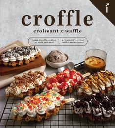 an advertisement for croffle with different types of desserts and pastries on it