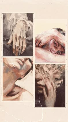 four different images of hands and skin on a piece of paper that has been altered to look like paintings