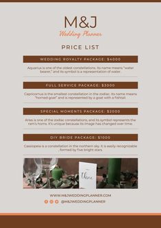 the wedding planner price list is shown