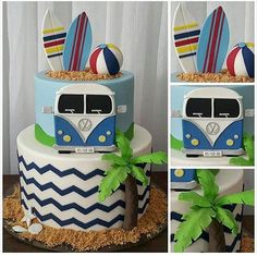 the cake is decorated like a bus with surfboards on top and palm trees in front