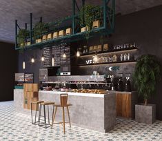 the interior of a coffee shop with tables and stools