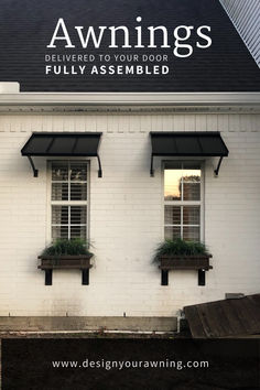 the front of a building with three windows and plants on each window sill that says, awnings delivered to your door fully assembled