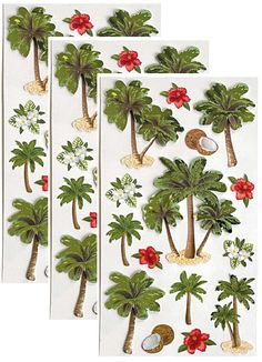 three stickers with palm trees, flowers and shells on them are in the shape of magnets