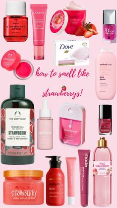 Strawberry Smell Aesthetic, Strawberry Sent, Strawberry Body Care, Strawberry Scented Products, How To Smell Like Strawberries, Smell Strawberry, Strawberry Skincare, Strawberry Products, Smell Like Strawberries