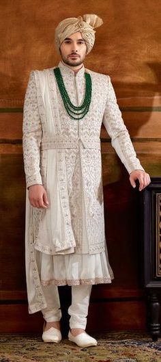 White and Off White color Sherwani in Art Silk fabric with Bugle Beads, Embroidered, Sequence, Stone work Long Choli Lehenga, Groom Sherwani, Sherwani For Men Wedding, Mens Wear Wedding, Sherwani Groom, Mens Sherwani, Silk Stoles, Sherwani For Men, Wedding Sherwani