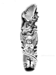 an angel and cross tattoo on the arm