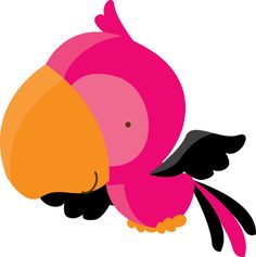 a pink and orange bird with black wings on it's back, sitting in the air