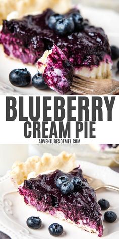 blueberry cream pie on a white plate with a fork