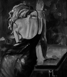 black and white painting of a woman sitting on a chair with her back to the camera