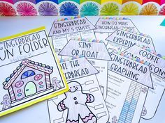 five gingerbread themed activities for children to do with their own coloring book and crayon pencils