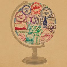 a globe with stamps all over it and the word san francisco written in different languages