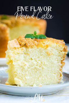 a close up of a slice of cake on a plate with the words eve flavor pound cake