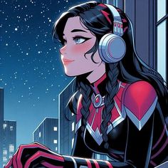 a woman with headphones on sitting in front of a window looking at the stars