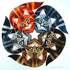 a group of cats sitting in a circle together on top of each other with green eyes