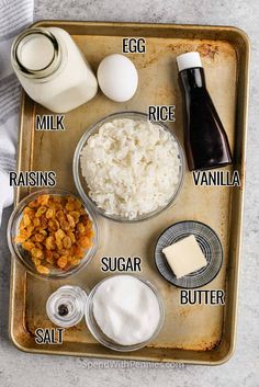 the ingredients to make this recipe include rice, milk, eggs, raisins, and butter