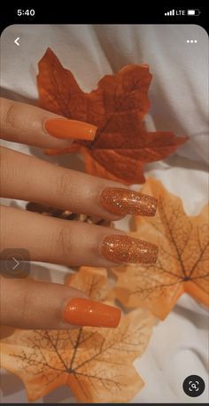 Orange Fall Nails Almond Shape, September Nails Sparkle, Burnt Orange Nails With Glitter, Sparkly Burnt Orange Nails, Burnt Orange Sparkle Nails, Orange Nails Sparkle, Fall Acrylic Nail Designs Autumn, September Nails Color Fall Dip, Simple September Nails