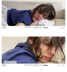 two pictures of a woman sleeping on a couch with her head under the pillow and another photo of herself laying down