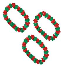 two christmas wreaths made out of plastic beads on a white background, one is red and the other is green