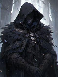 a man in a black cloak and hood standing in the woods with his hands on his hips