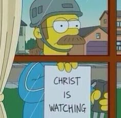 a cartoon character holding a sign that says christ is watching