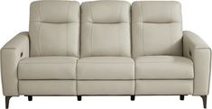 a white leather couch with two recliners on it's back and one arm facing the camera