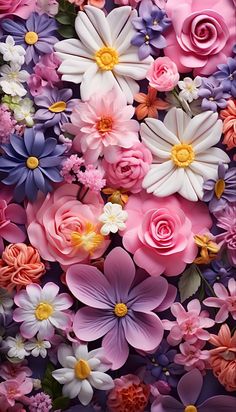 many different colored flowers are arranged in the same pattern, including pinks and purples