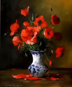 a painting of red flowers in a blue and white vase