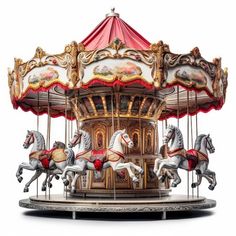 an old fashioned merry go round with horses on the front and back sides, isolated against a white background