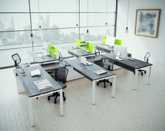 an empty office with desks and chairs in front of large windows overlooking the city