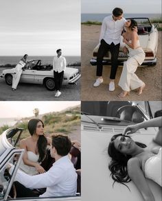 black and white photos of people sitting in cars, one woman laying on the back of a car