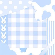 a blue and white checkered background with some bunny ears on it's side