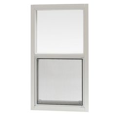 a white window with an open screen on the outside and inside side, against a white background