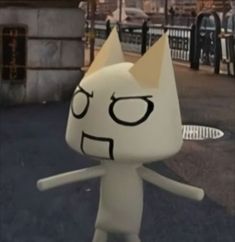 a white cat with glasses and a crown on it's head standing in the street