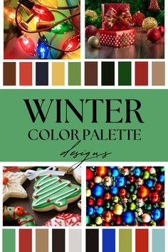 the cover of winter color palettes is shown with christmas decorations and ornaments in different colors