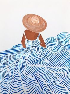 a drawing of a woman with a hat on her head sitting in the ocean waves