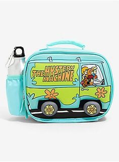 the mystery machine lunch box with water bottle and insulated bag set in turquoise, featuring scooby's van