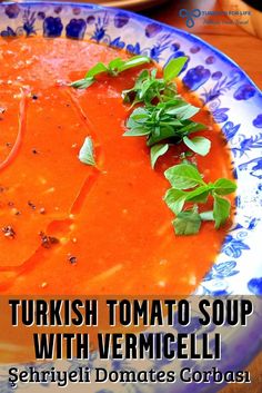 there is a blue and white plate with soup on it that says turkish tomato soup with vermicelli