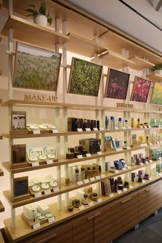 the shelves are filled with many different types of cosmetics and beauty products, including face masks