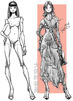 two sketches of women in dresses, one with long hair and the other with short legs