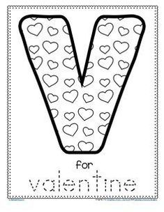 the letter v is for valentine's day coloring page with hearts and dots on it