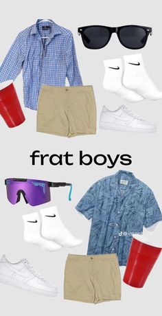 an assortment of men's clothing and sunglasses with the words frat boys on it