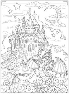 an adult coloring book with a dragon and castle in the background, surrounded by flowers