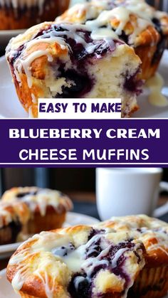 blueberry cream cheese muffins on white plates