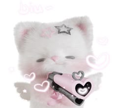 a white teddy bear holding a pink hair dryer