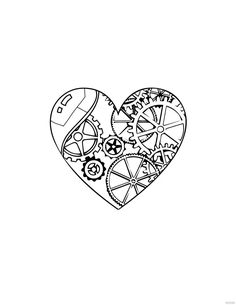 a black and white drawing of a heart with gears